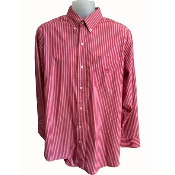 Ralph Lauren Chaps Men Red Striped Long Sleeved Collared Button Down Shirt Large - Picture 1 of 7